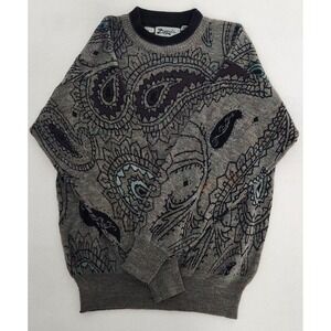 Sweater Gray black Paisley Zeppelin Men's Size M Abstract Vintage Pattern